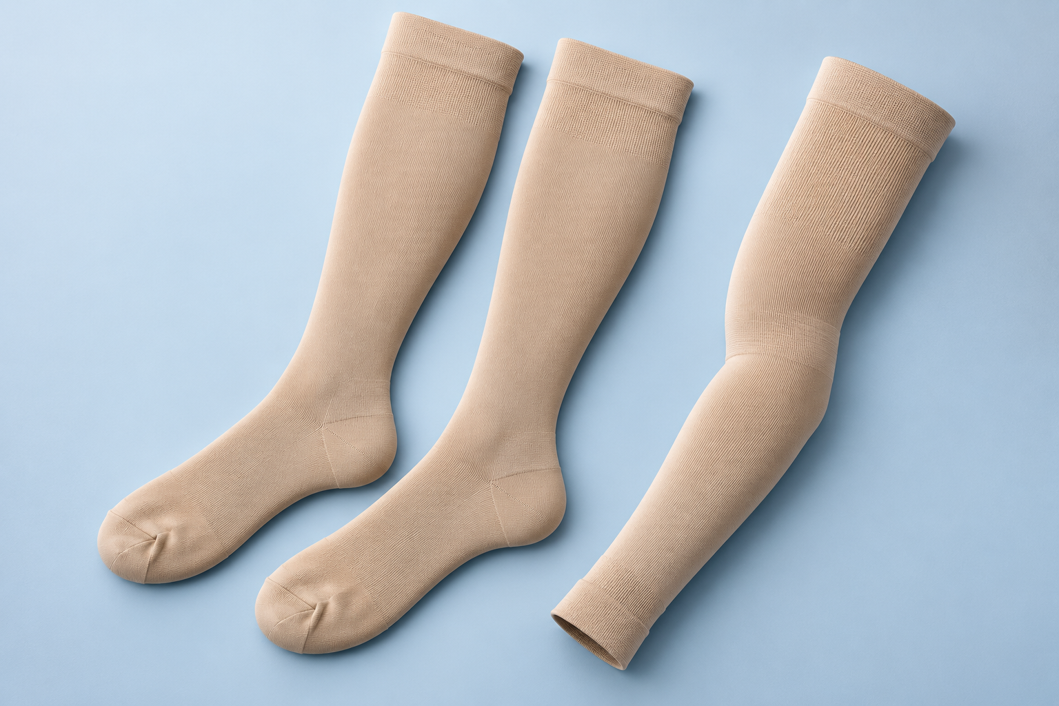 Representative beige compression stockings and an arm sleeve